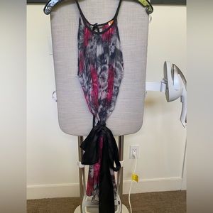 Tie Dye Polyester & Silk Trim Dress W/ Silk Belt (Small) (Purple,Black, Gray)